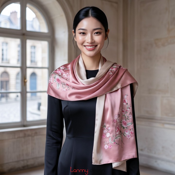 Silk scarf hand-embroidered with flower 40*200 cm